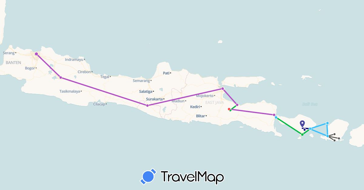 TravelMap itinerary: driving, bus, train, hiking, boat, motorbike in Indonesia (Asia)