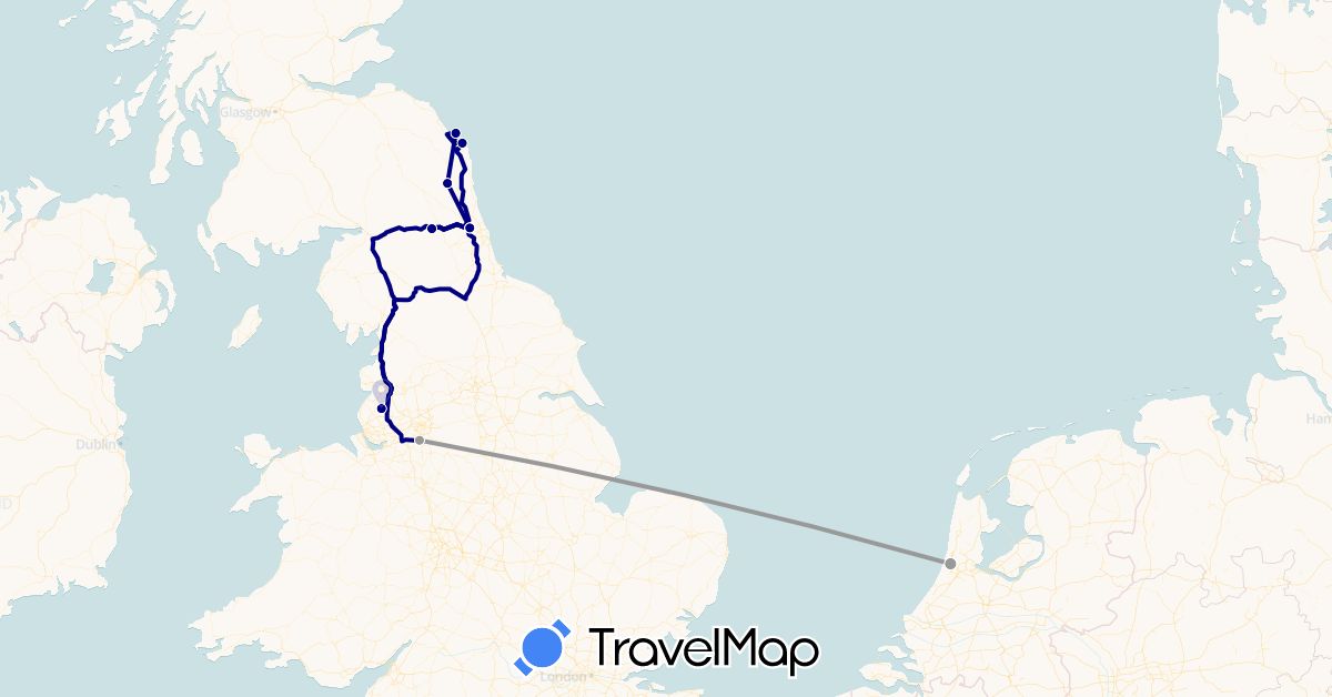 TravelMap itinerary: driving, bus, plane in United Kingdom, Netherlands (Europe)